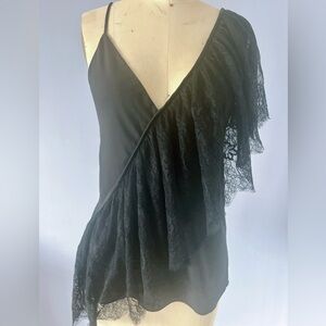 Diane von Furstenberg - One-Shoulder Top with lace ruffle - Size 4 - Black